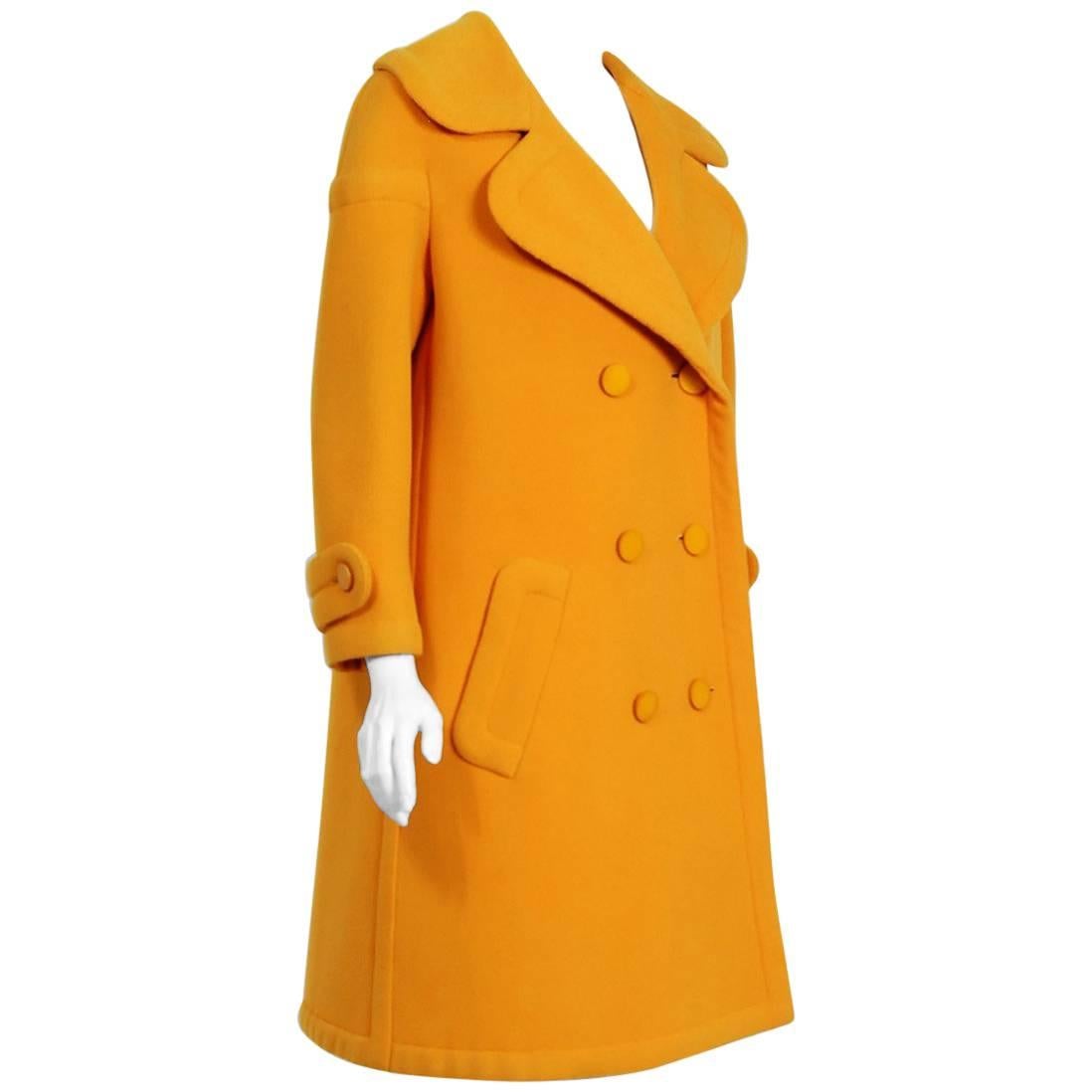1964 Nina Ricci Haute-Couture Marigold Wool Double Breasted Sculpted Mod Coat