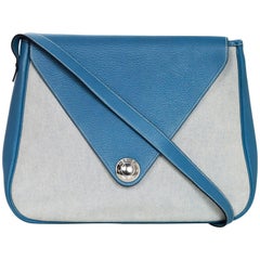 Hermes Blue Clemence Leather & Canvas Toile Christine Shoulder Bag