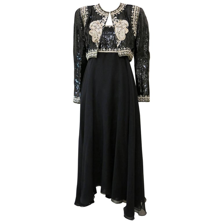1980s Richilene Strapless Blue Net Dress w Sequin & Beaded Bodice & Removable Pouf Sleeves