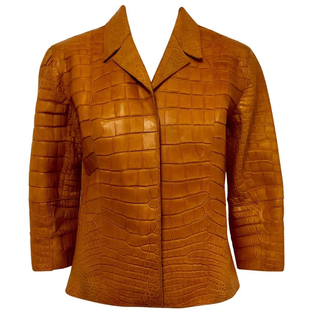 Hettabretz Autumn Orange Alligator Cropped Jacket With Three Quarter Sleeves