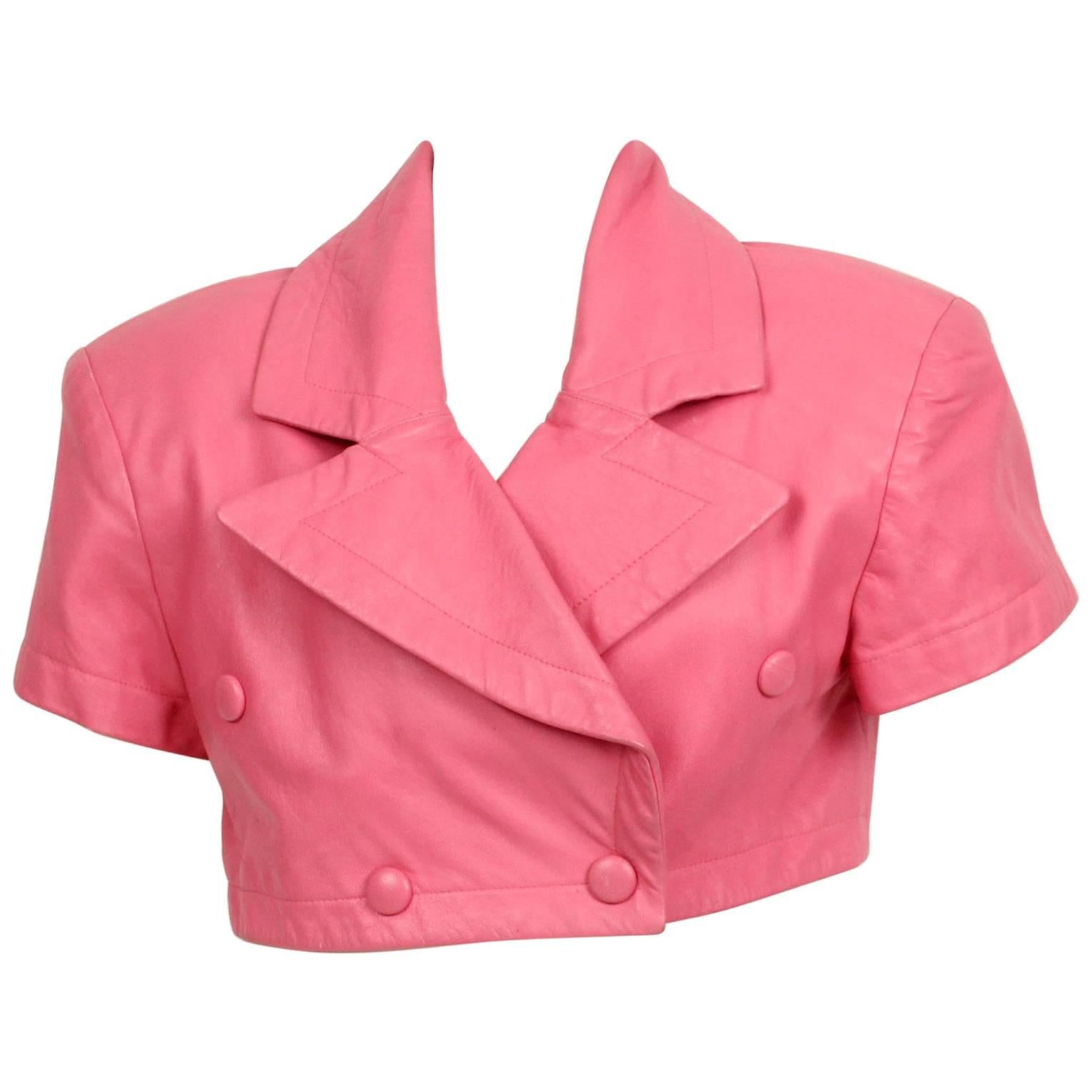 Michoel Schoeler Pink Leather Cropped Double Breasted Jacket For Sale