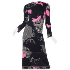 1970S LEONARD Black & Pink Silk Jersey Asian Inspired Butterfly Print Dress