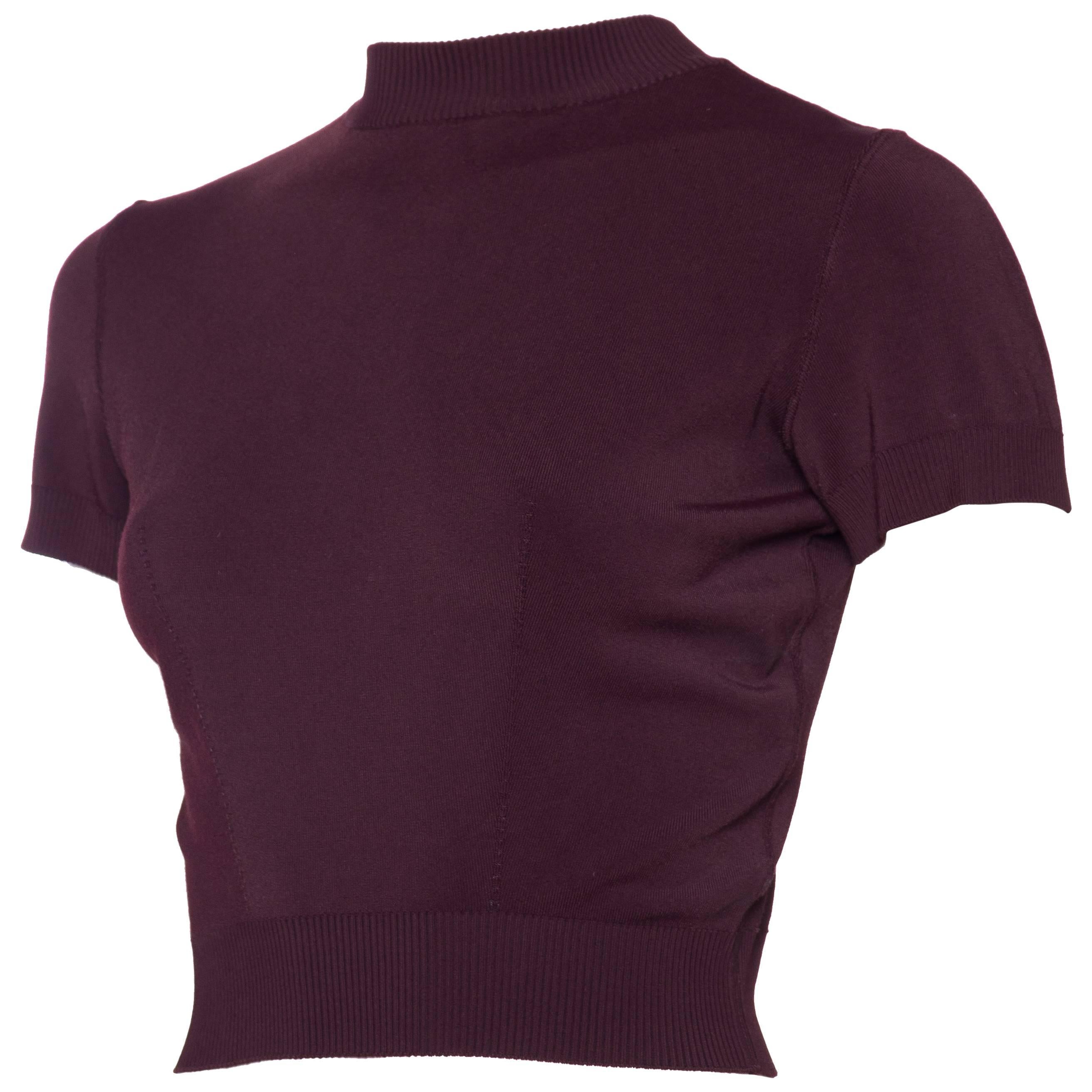 1990er ALAIA Stil Aubergine Viskosemischung stricken perfektes Cropped Top T-Shirt