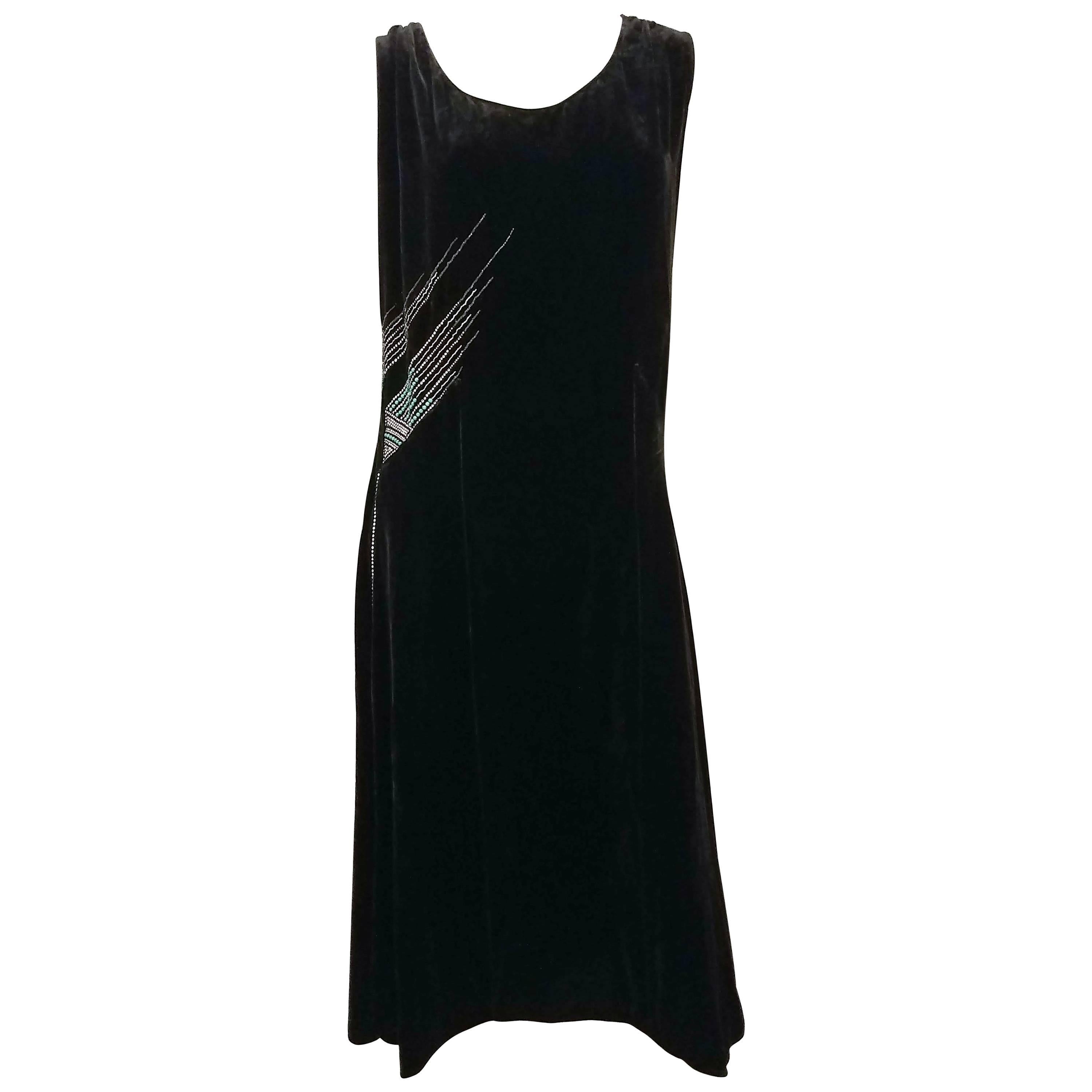 1920s Black Velvet Rhinestone Dress For Sale