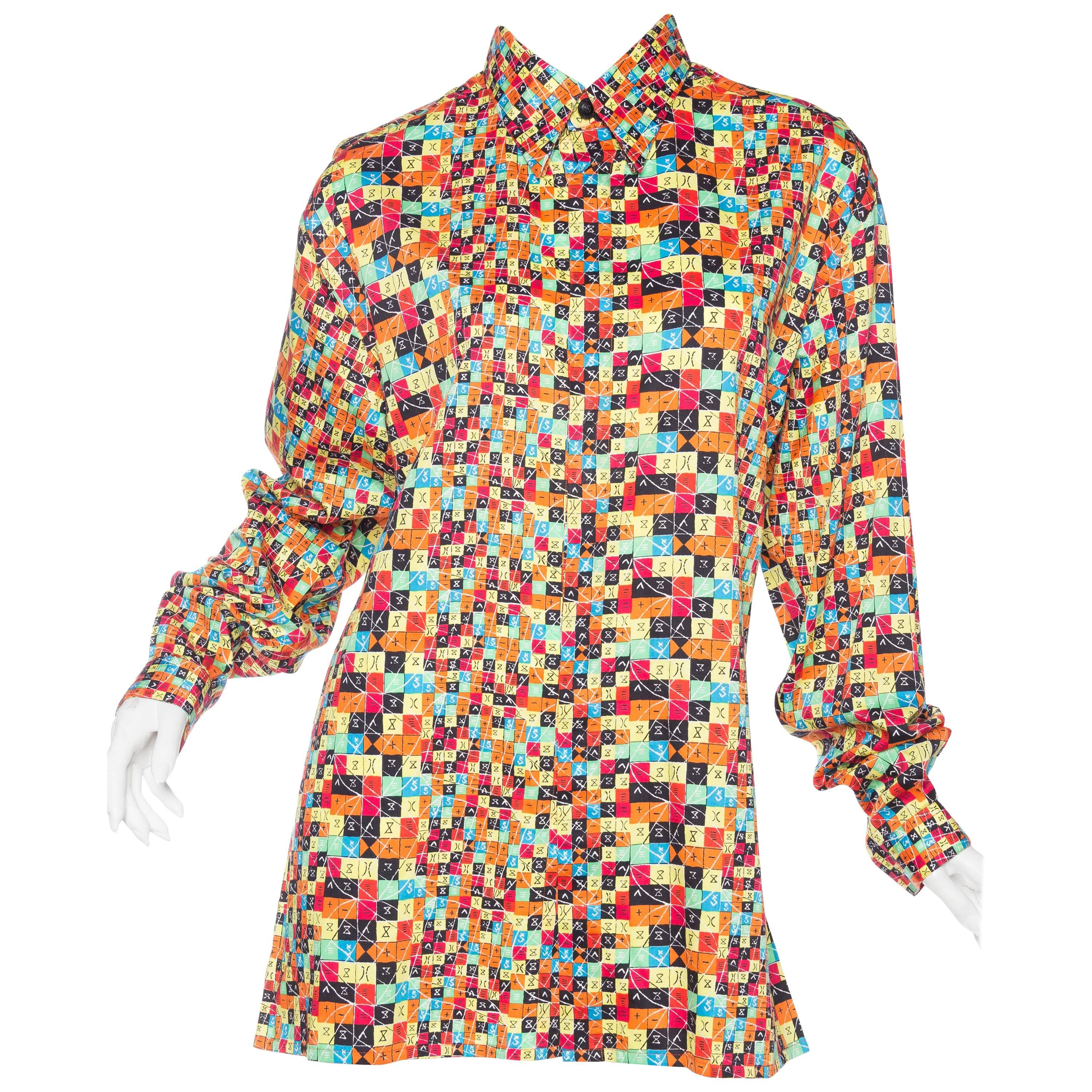 1990S GIANNI VERSACE Multicolor Printed Cotton "Symbols" Men's  Shirt Sz 50 For Sale