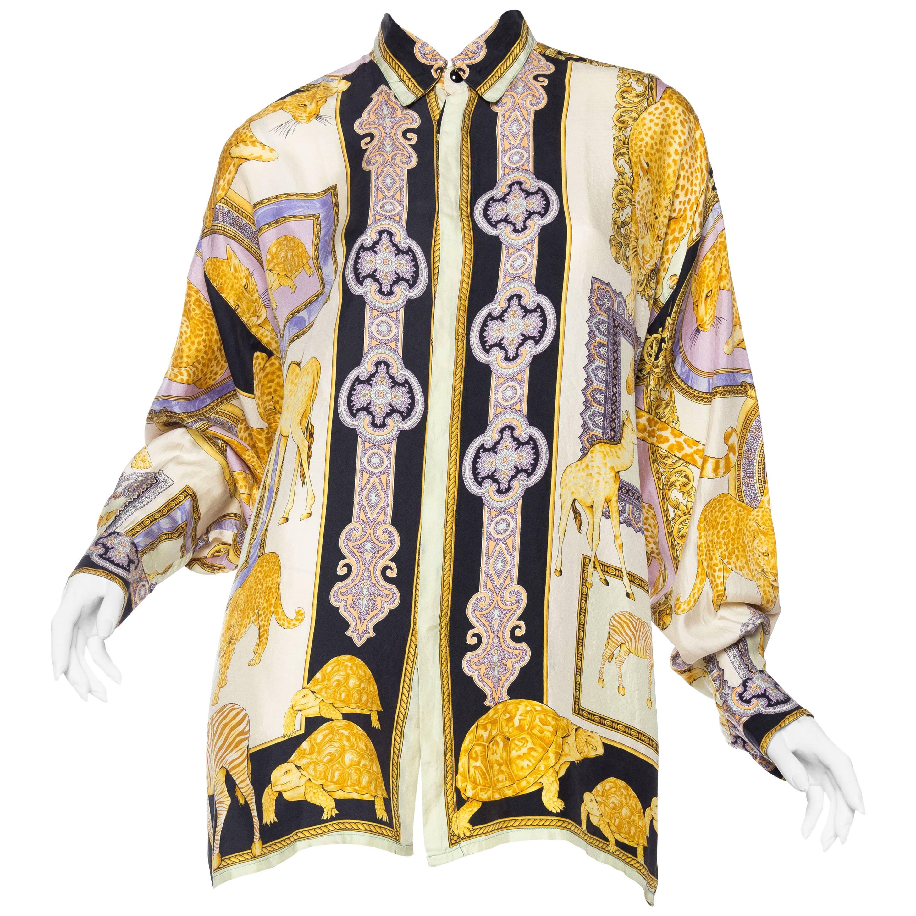 1990s Gianni Versace Baroque and Leopard Safari Silk Shirt