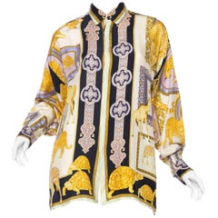 Vintage 1990s Gianni Versace Baroque and Leopard Safari Silk Shirt