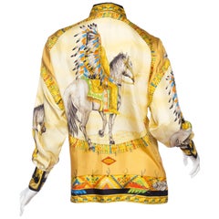 Vintage 1990s Gianni Versace Native American Western Printed Silk Blouse