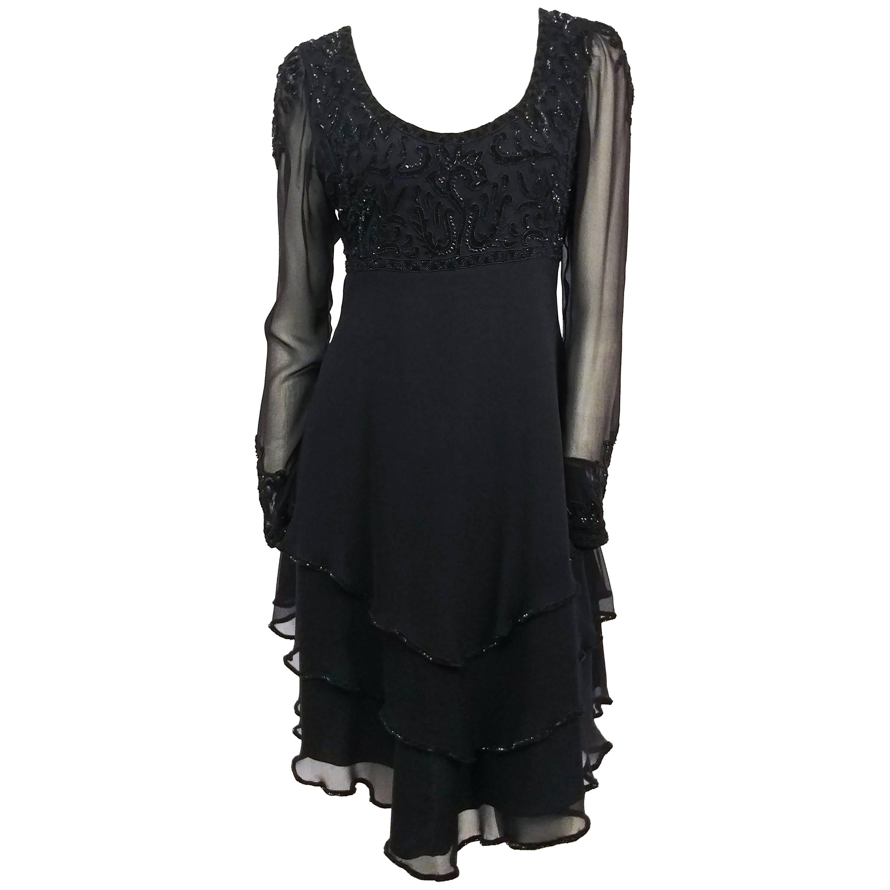 1960s Lillie Rubin Black Silk Chiffon Beaded Cocktail Dress