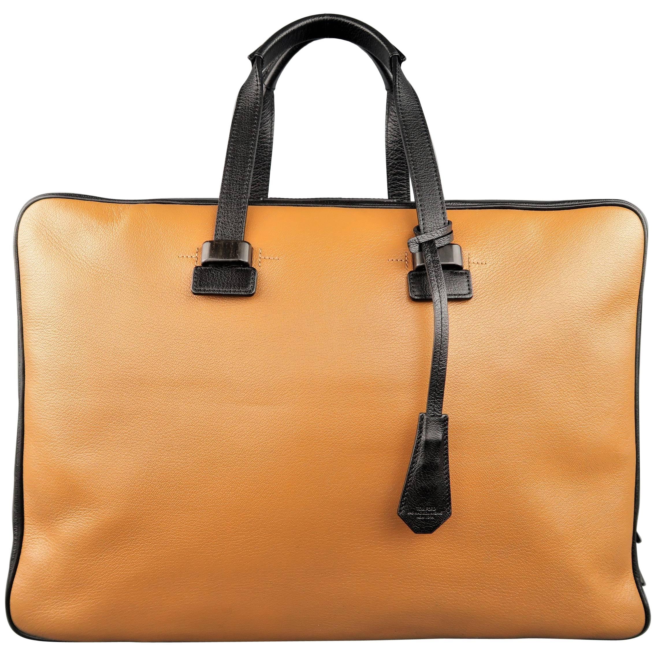 Tom Ford Tan and Black Pebbled Leather Travel Carry-On Briefcase 
