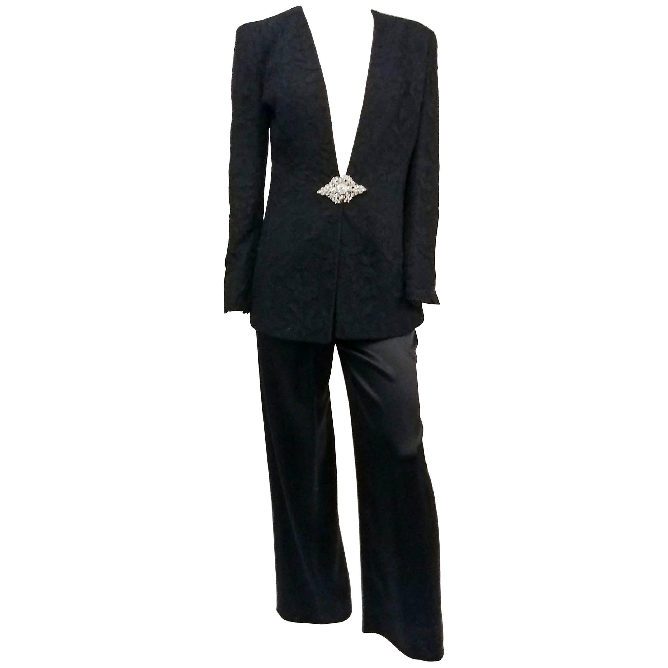 1980s Badgley Mischka Lace Blazer & Satin Trouser Pantsuit For Sale