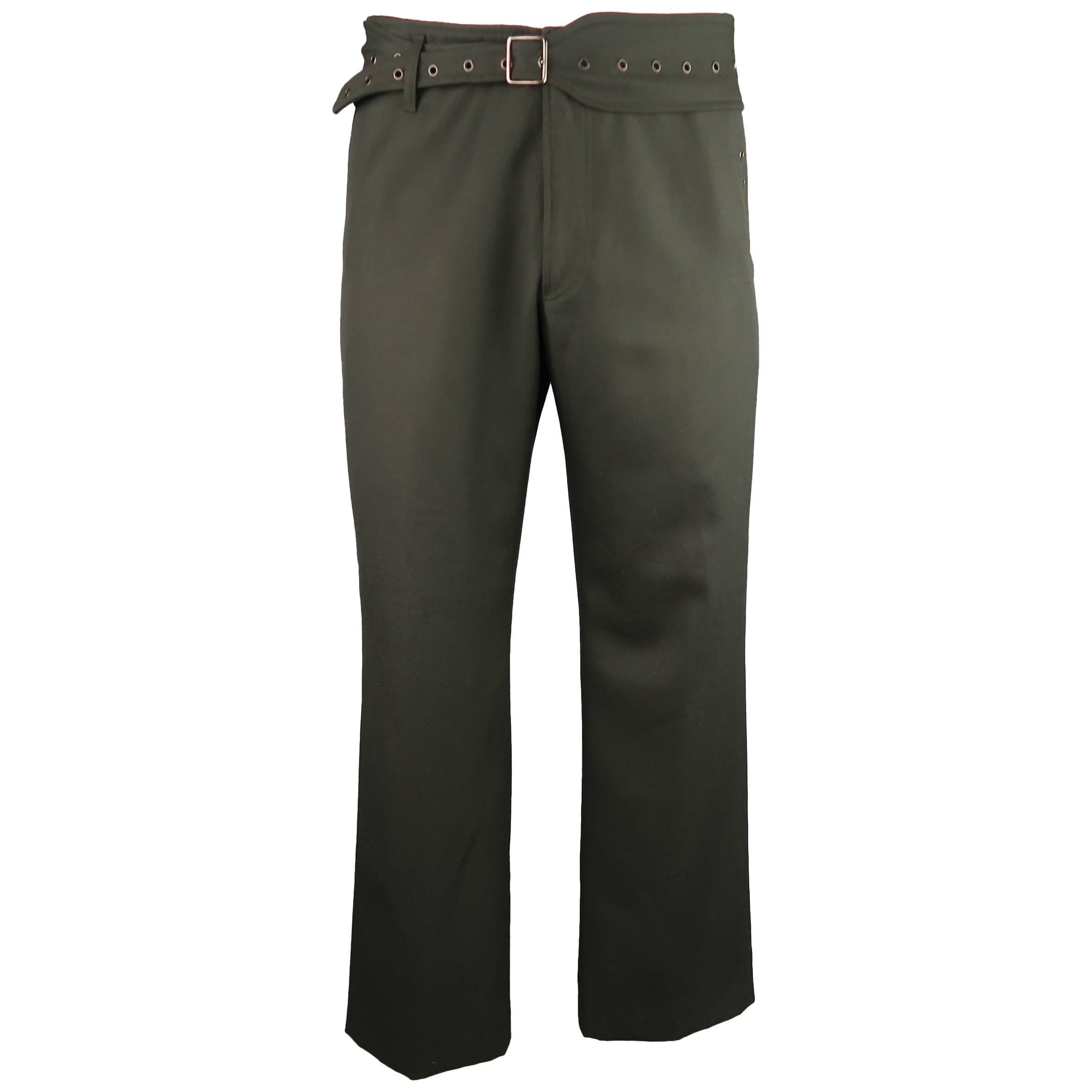 Men's JOHN BARTLETT Size 34 Olive Wool Wide Leg Grommet Belt Pants