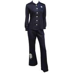 Retro 1970s Two Piece Denim Look Pantsuit w/ Lace Appliqué