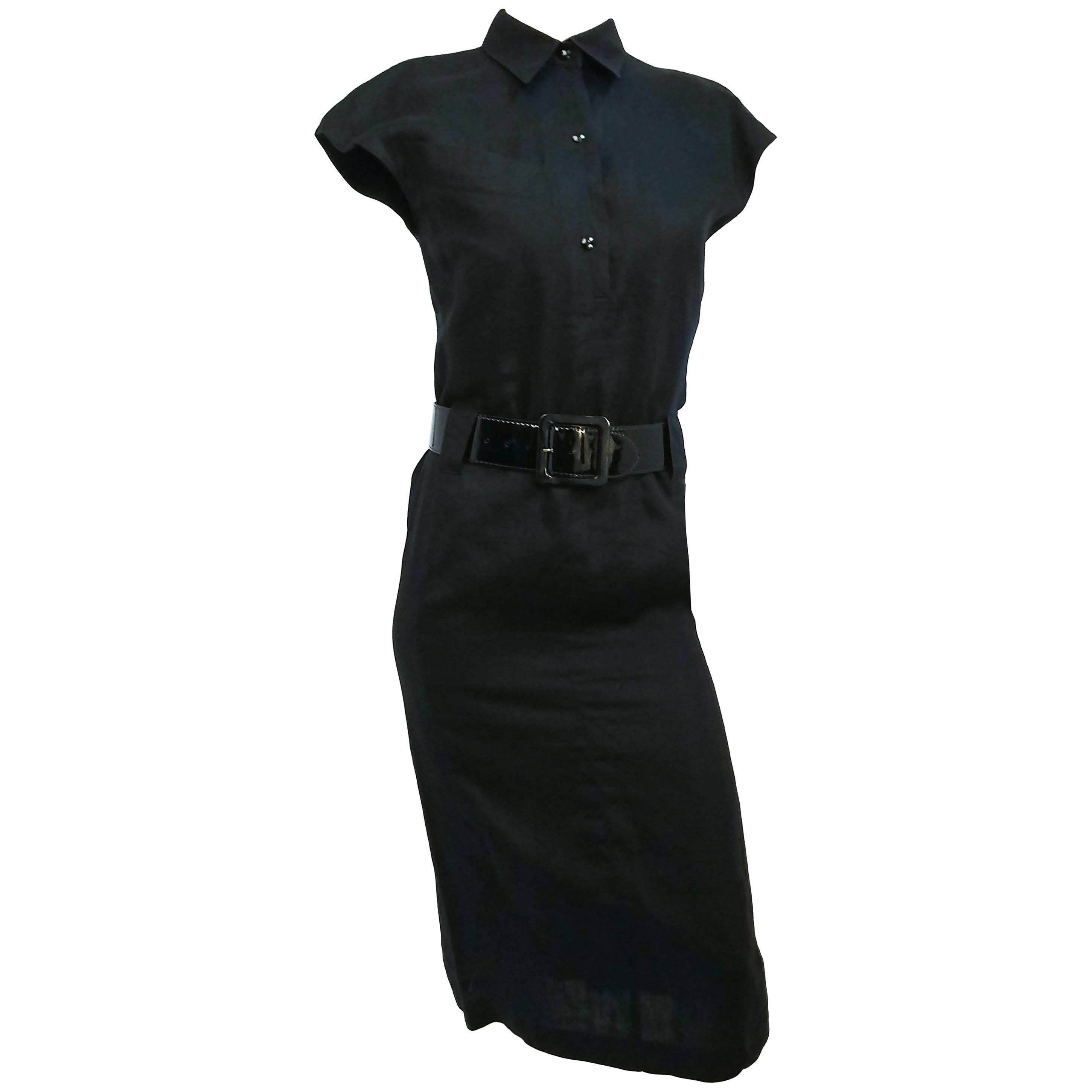 1980s Claude Montana Black Linen Shirtwaist Dress For Sale