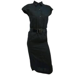 Retro 1980s Claude Montana Black Linen Shirtwaist Dress