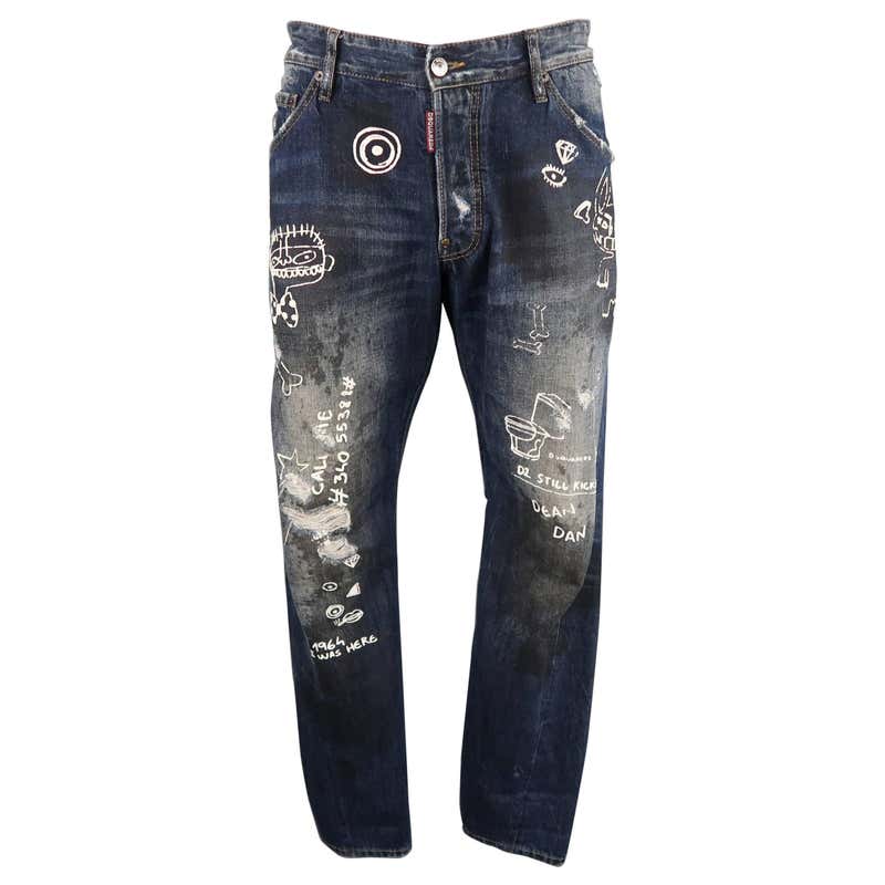 Men's DSQUARED2 Size 36 Navy Distressed Dirty Wash Doodle Denim Jeans ...