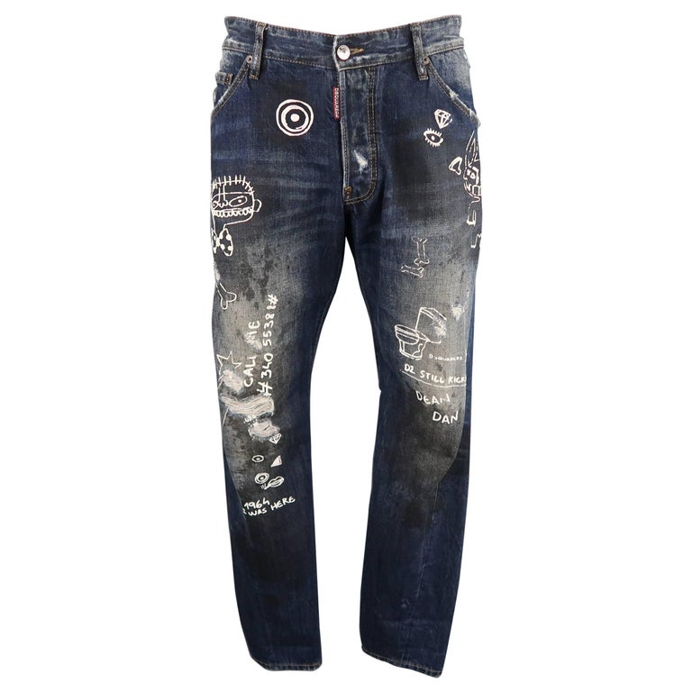 Men's DSQUARED2 Size 36 Navy Distressed Dirty Wash Doodle Denim Jeans at  1stDibs | doodle jeans mens