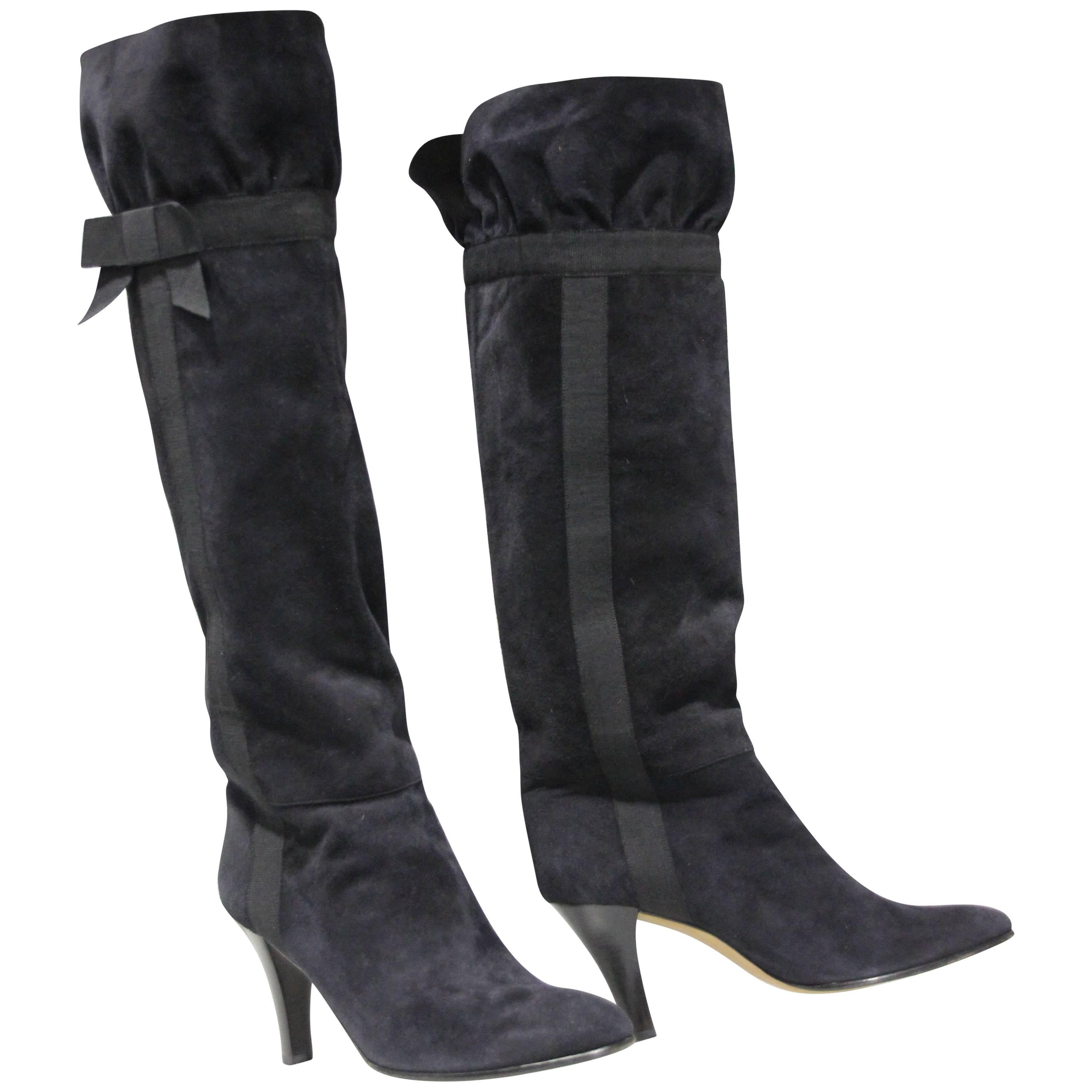 1970's Yves Saint Laurent Black Suede Boots W/ Bow Ribbon Details