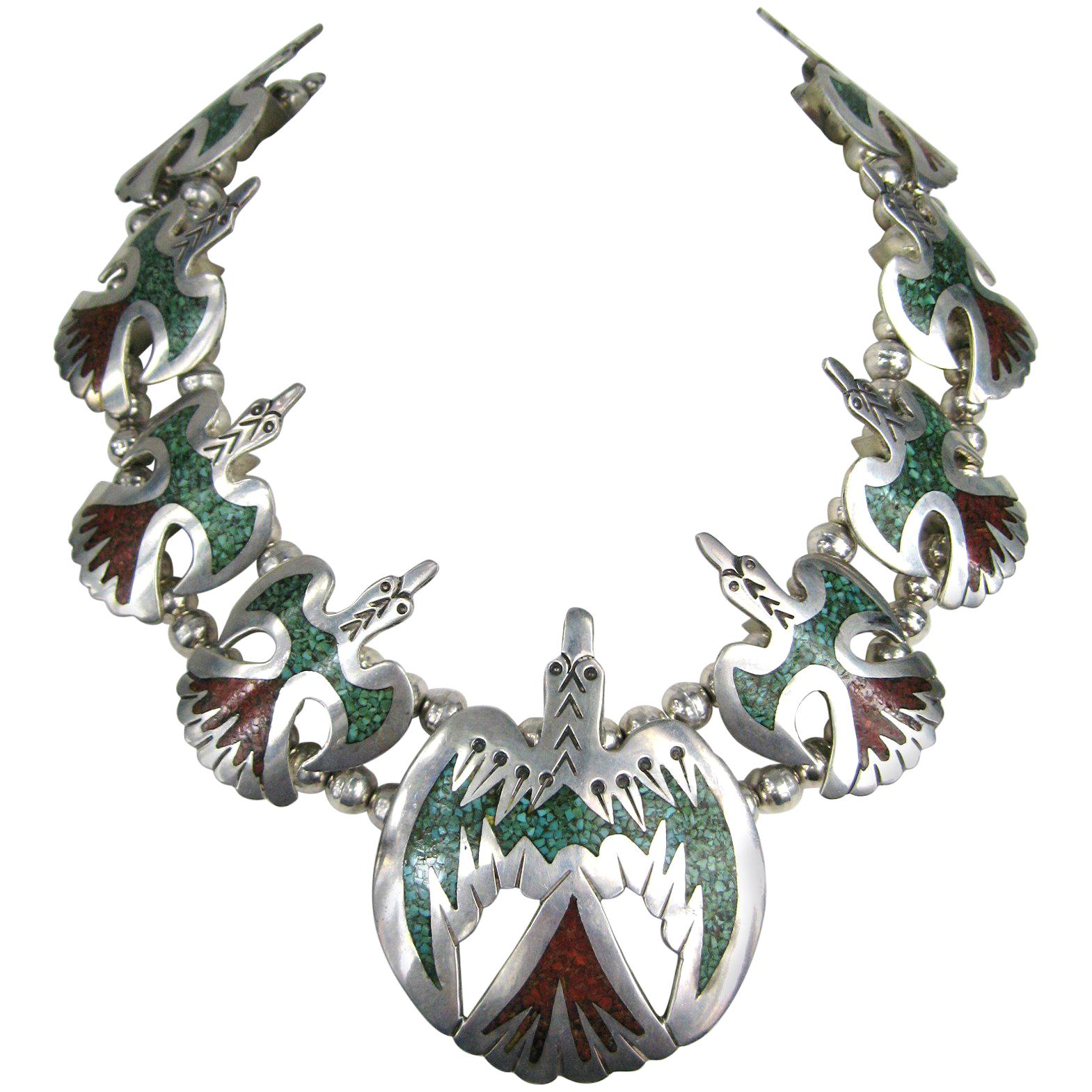 Sterling Silver Peyote Bird Chip Inlay Squash Blossom Necklace Native American  For Sale