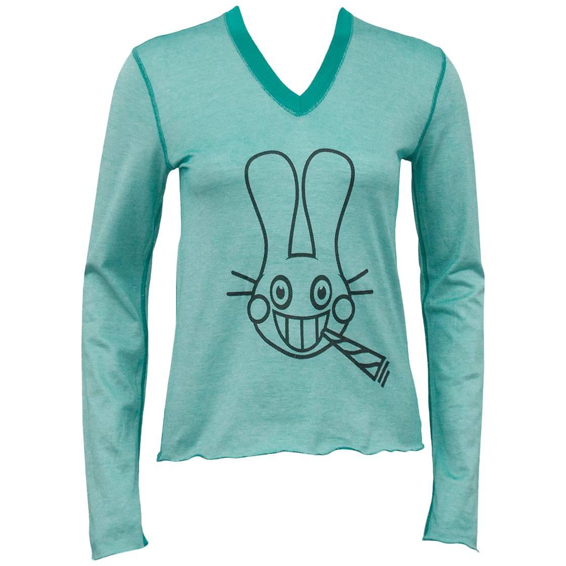 Lucien Pellat-Finet Spring Summer 2003 Teal Long Sleeve Shirt with Bunny For Sale