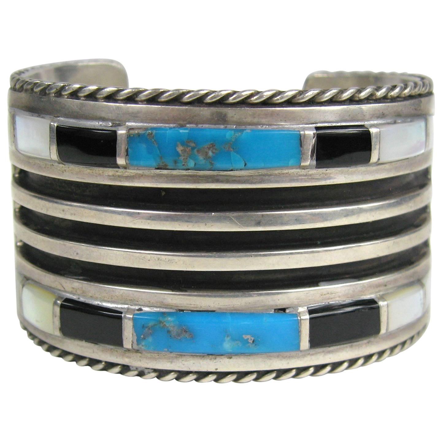 Native American Zuni Sterling Silver Turquoise Onyx Cuff Bracelet