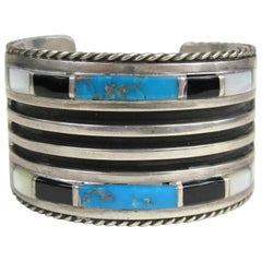 Retro Native American Zuni Sterling Silver Turquoise Onyx Cuff Bracelet