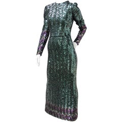 Moss Green Sequin Disco Gown With Colorful Cuffs and Hem, 1970s