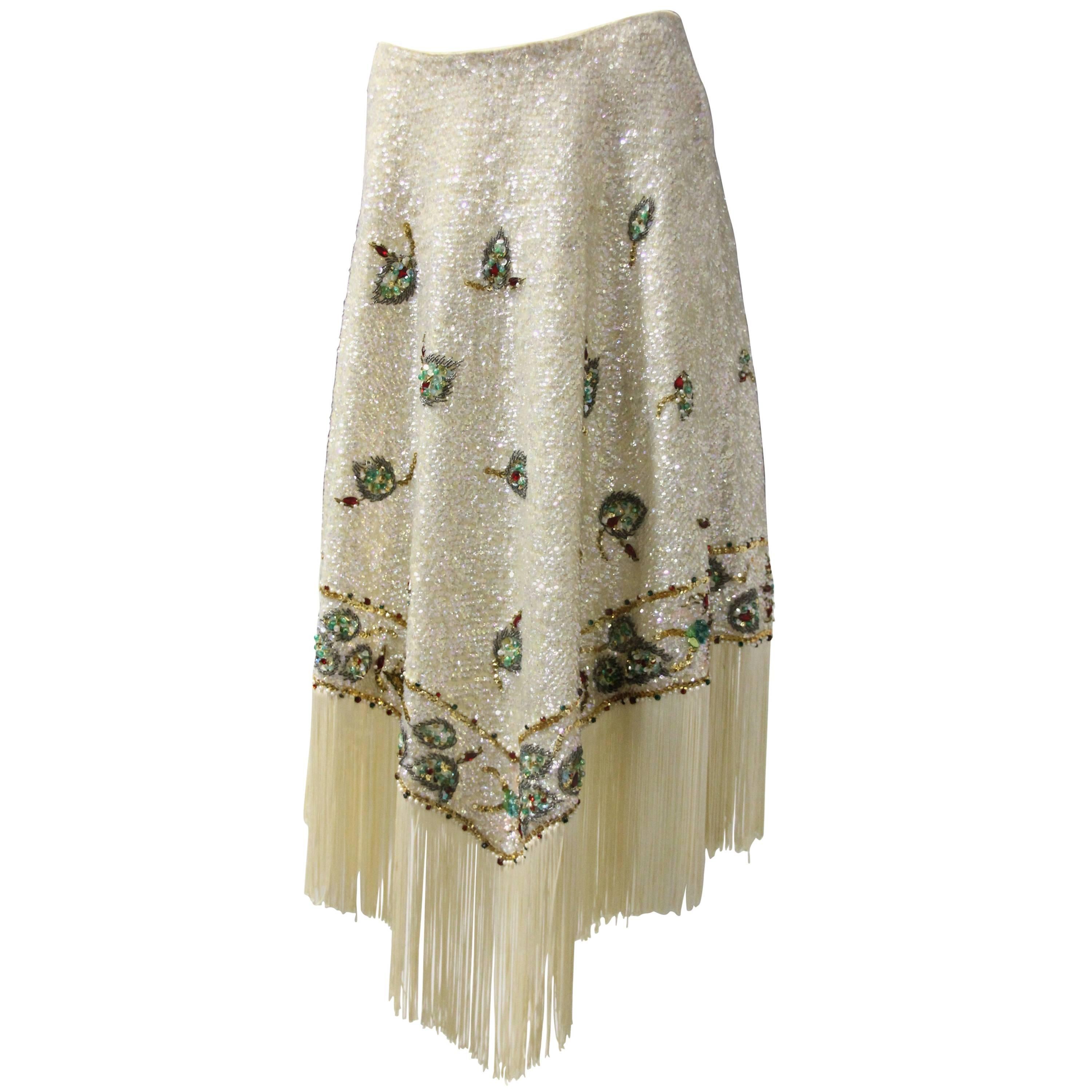 1960s Valentina Ltd. Iridescent Sequin & Beaded Wool Skirt W/ Cream Fringed Hem