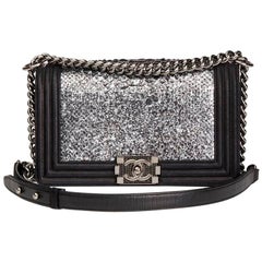 Chanel Silver Python Leather & Black Metallic Goatskin Medium Le Boy