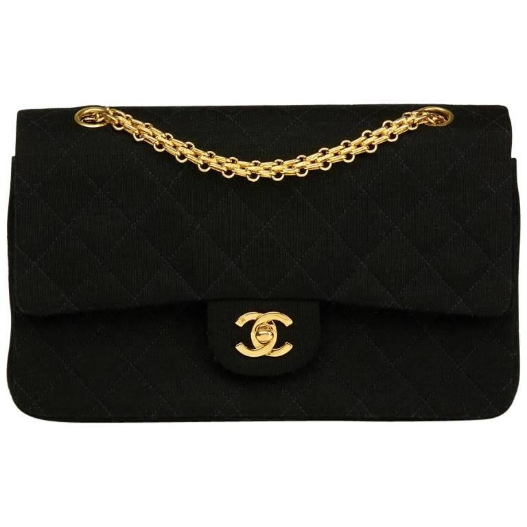 Chanel Black Jersey Medium Double Flap Bag For Sale