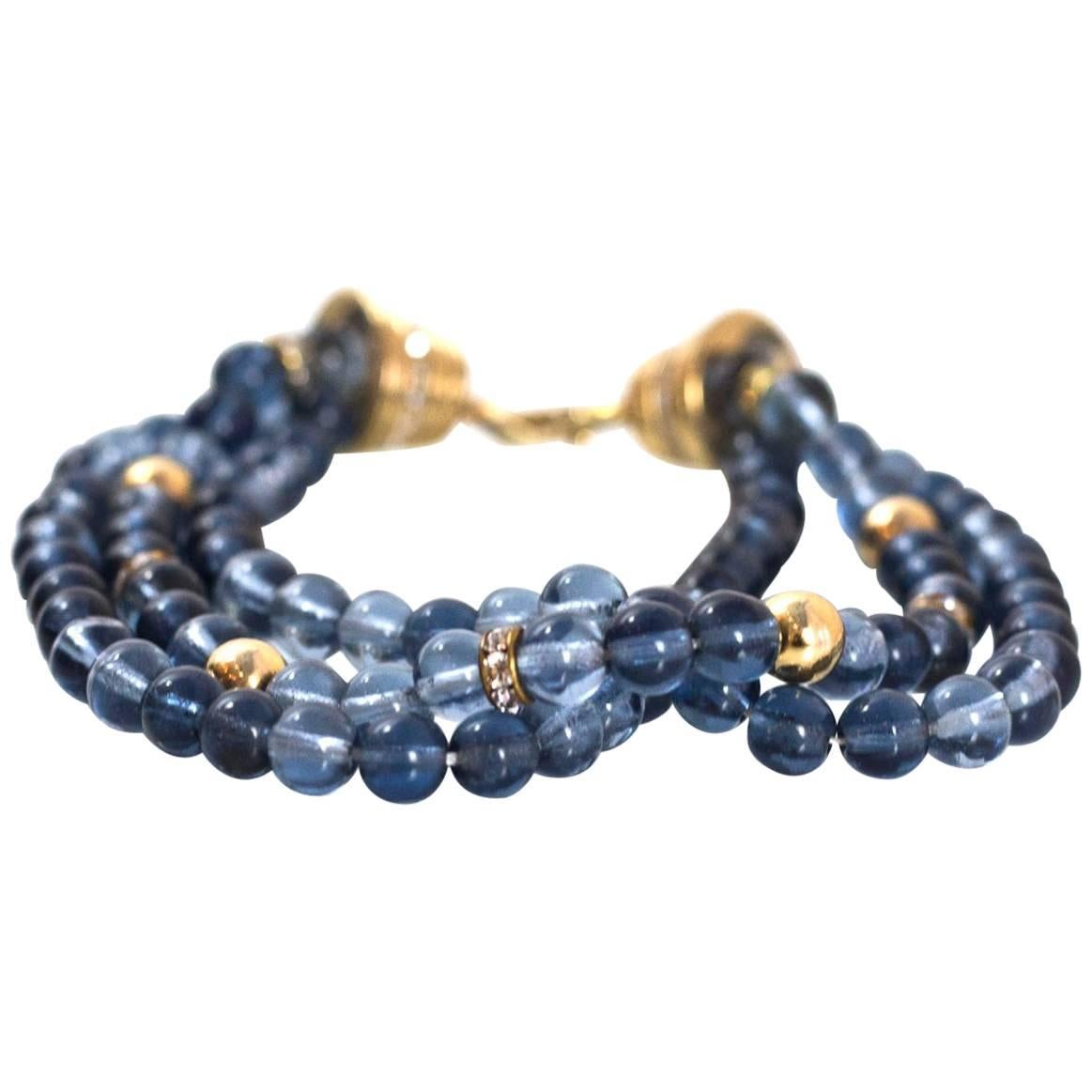 Christian Dior Three Strand Blue Glass Beaded Bracelet