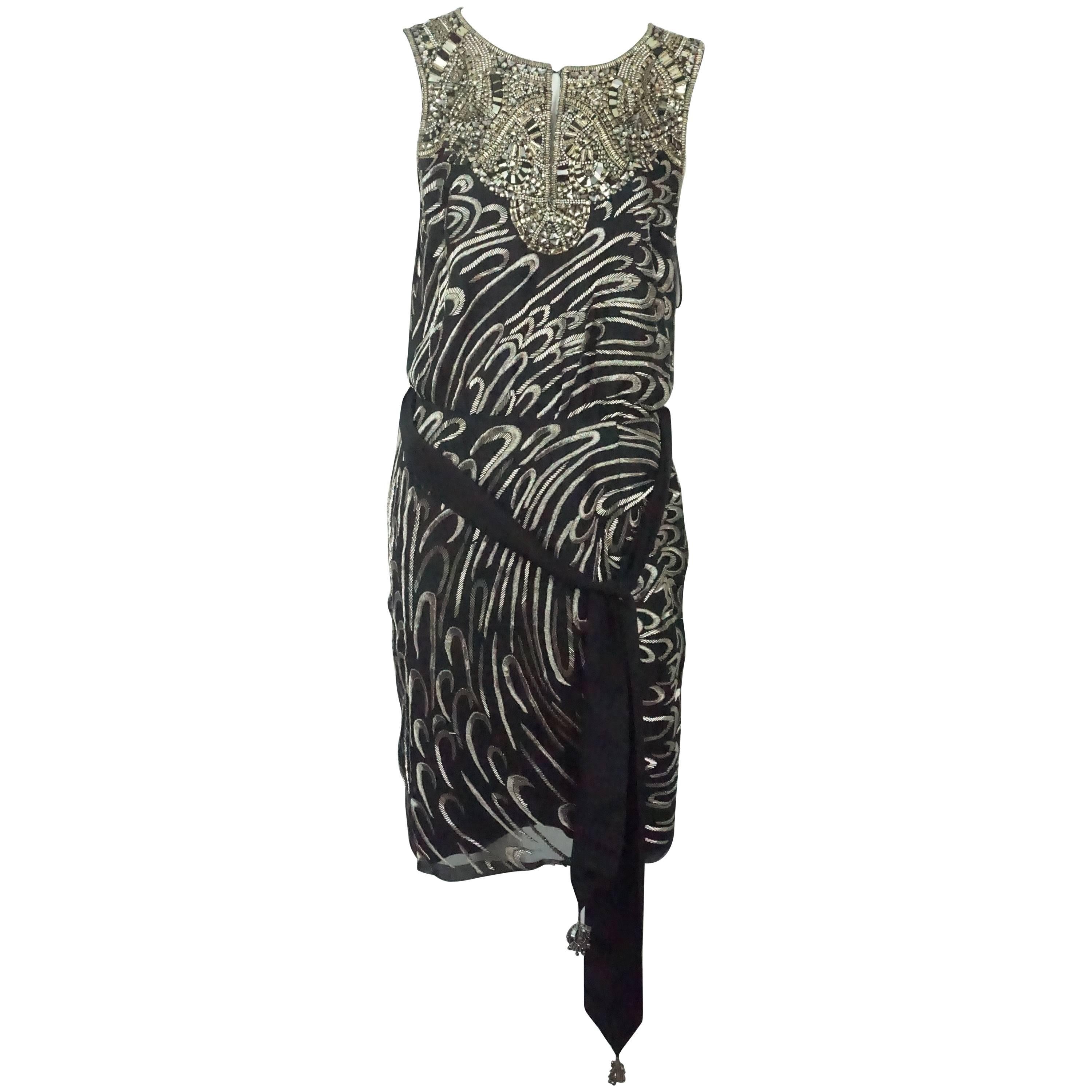 Escada Black Silk Heavily Silver Beaded Sleeveless Evening Dress - 36 For Sale