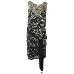 Retro Escada Black Silk Heavily Silver Beaded Sleeveless Evening Dress - 36