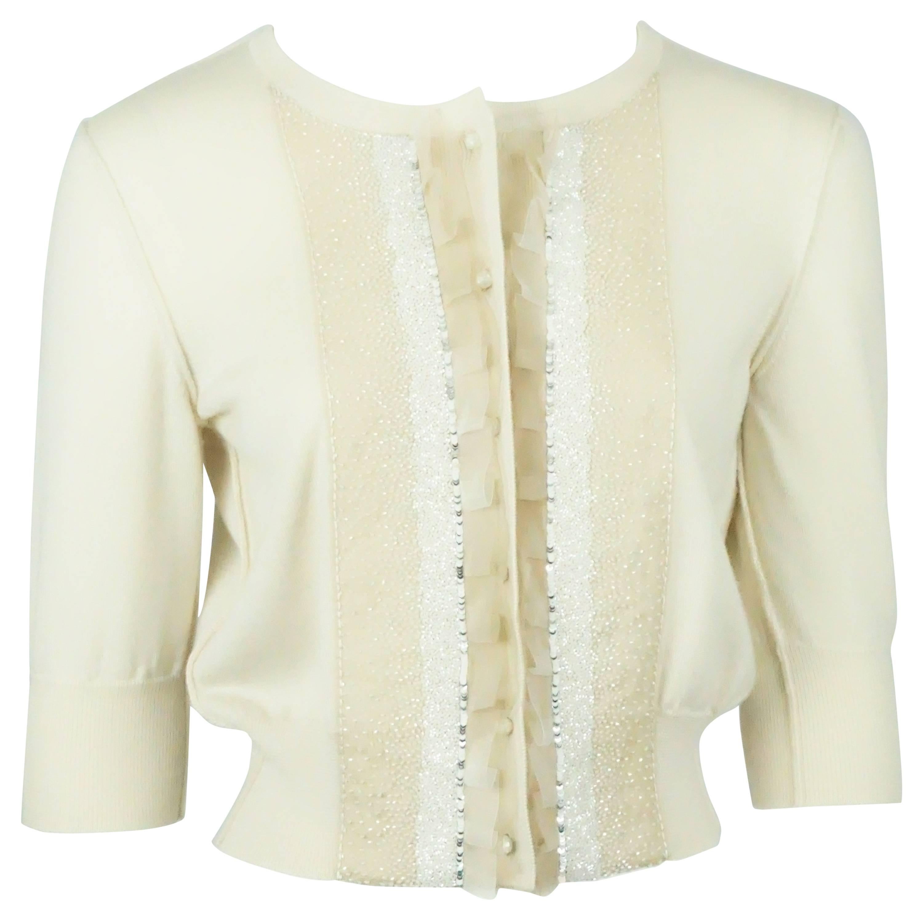 Oscar de La Renta Beige Cashmere 3/4 sleeve Beaded Sweater - M