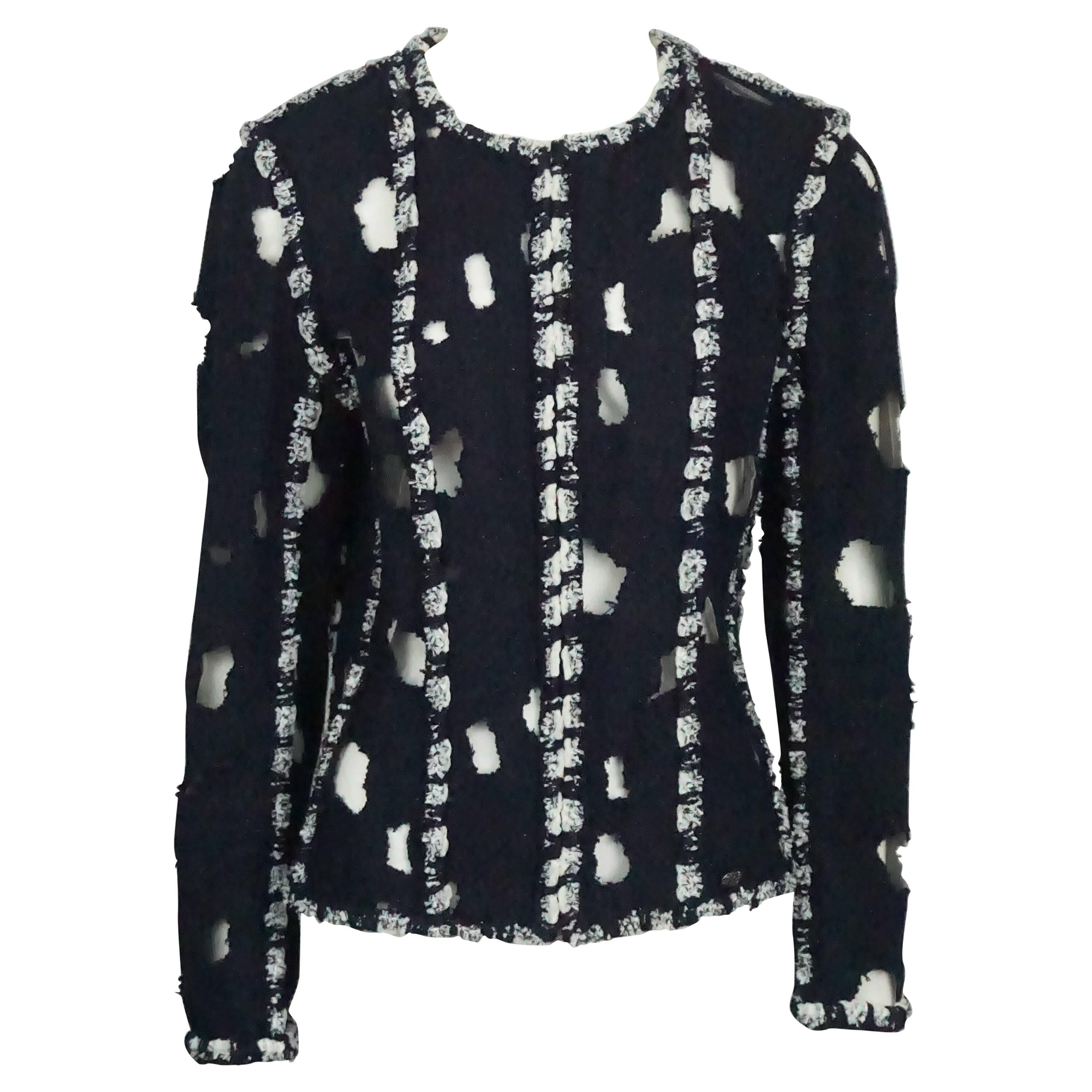 Chanel Navy and White Cotton Tweed and Mesh Cutout Jacket - 44
