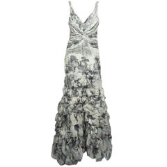 Carlos Miele Ivory and Dark Grey Print Silk Organza Gown - 42