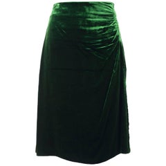 Prada Womens Green Velvet Ruched Side Silk Lined Midi Skirt