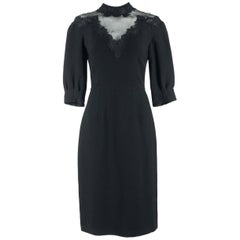 Prada Womens Black Silk Lace Insert Pleated Long Sleeve Dress