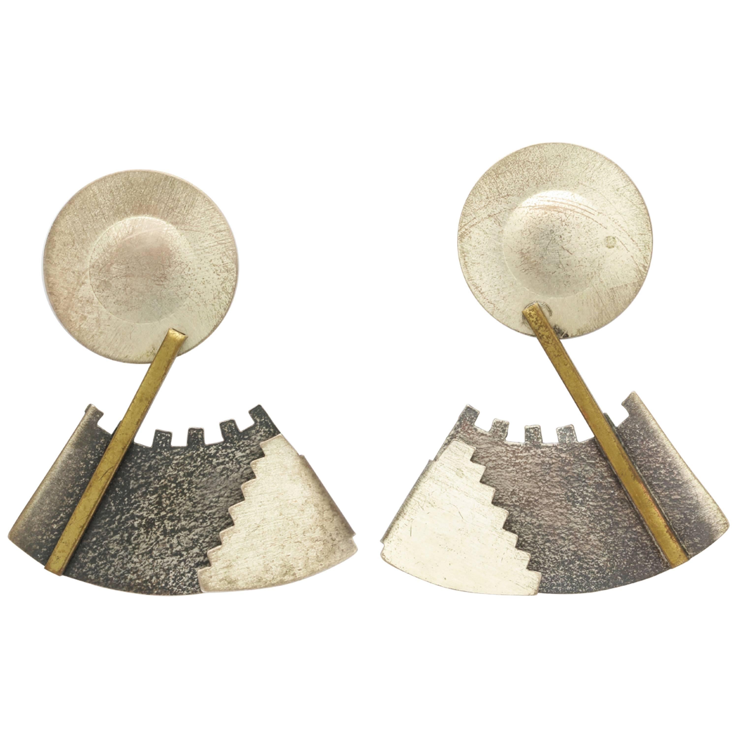 Geometric Memphis Style Silver and Brass Earrings