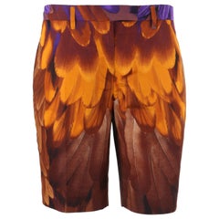 PRADA S/S 2005 Brown & Gold Feather Print Silk Bermuda Shorts