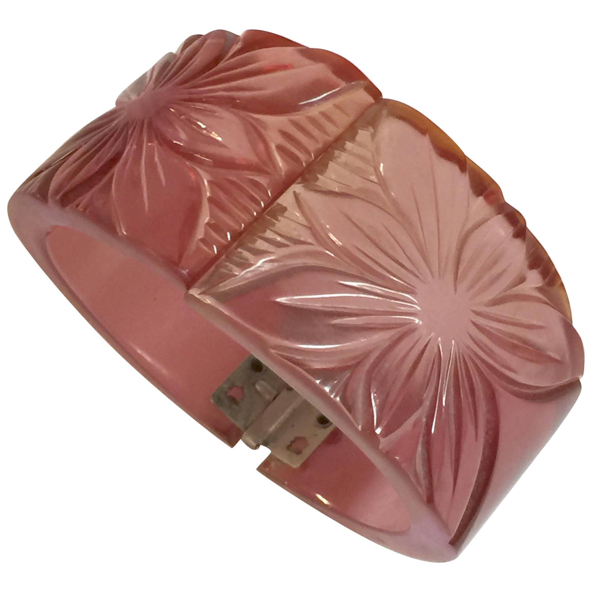 Translucent PINK Dichroic Changer Bakelite Floral Carved Hinged Bracelet For Sale