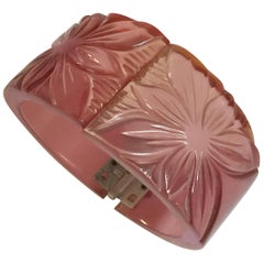 Translucent PINK Dichroic Changer Bakelite Floral Carved Hinged Bracelet