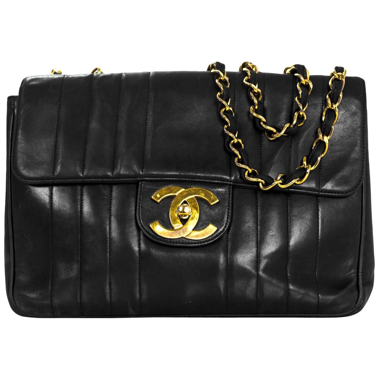 Chanel '90 Vintage Black Lambskin Vertical Quilted CC Jumbo Flap Bag