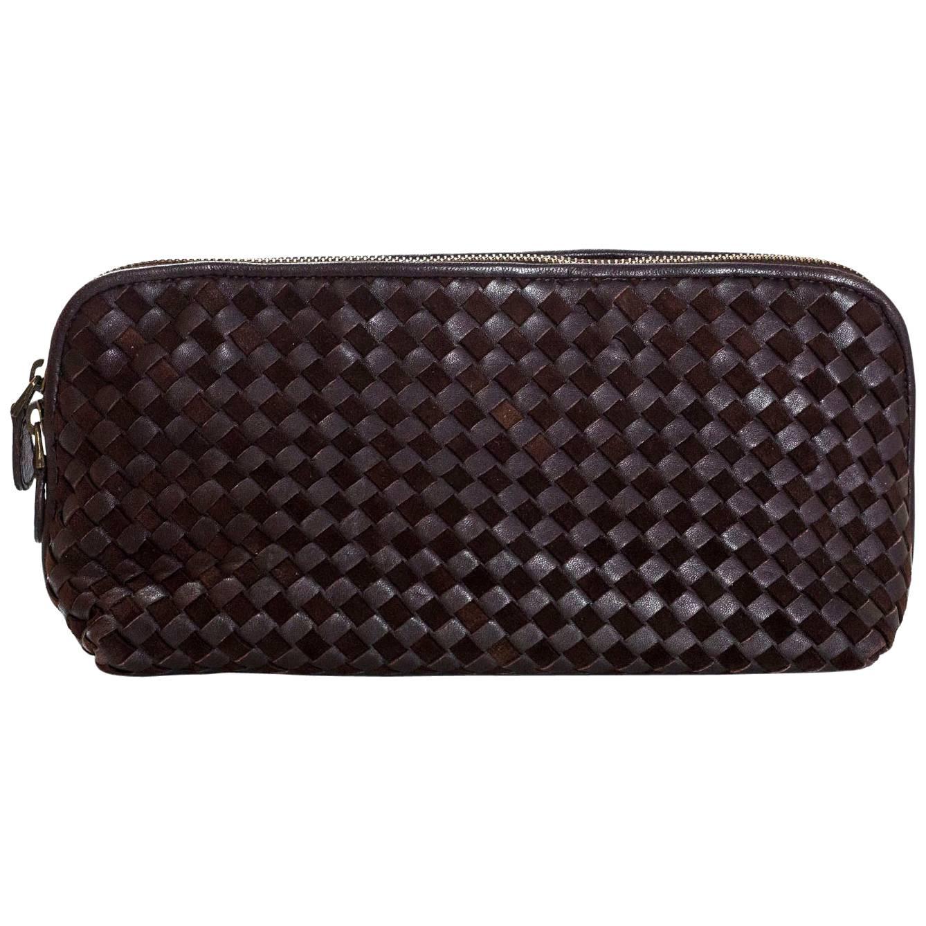 Bottega Veneta Brown Suede & Leather Intrecciato XL Cosmetic Case/Clutch Bag