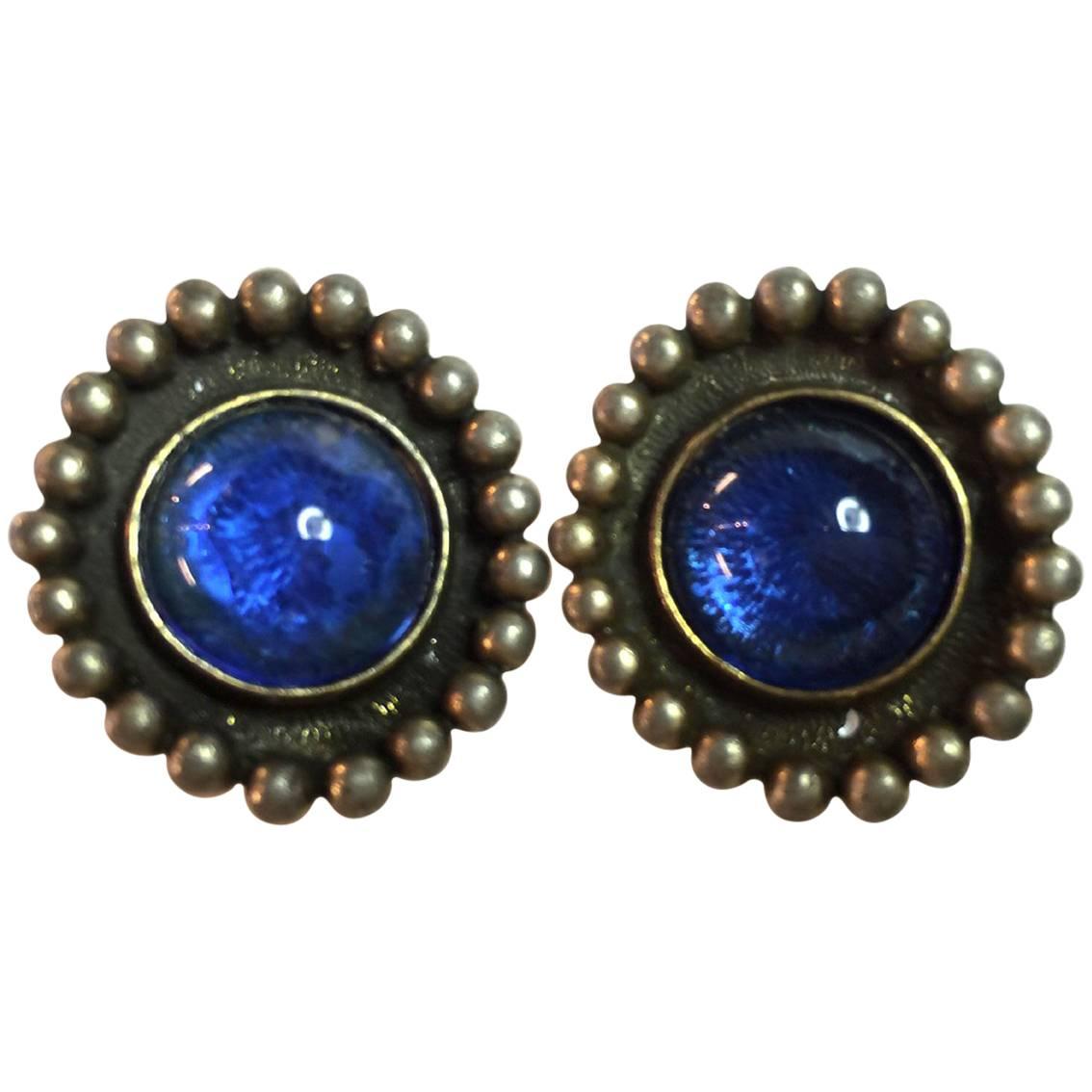 1980s CHANEL Ultra BLUE POURED GLASS Clip On Earrings 