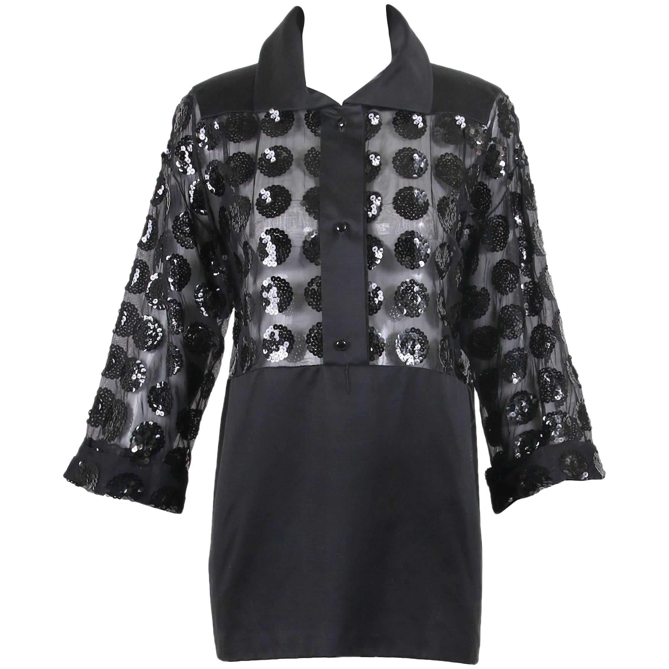 Courreges Black Mini Dress with Sheer Bodice and Pattern of Circular Sequins