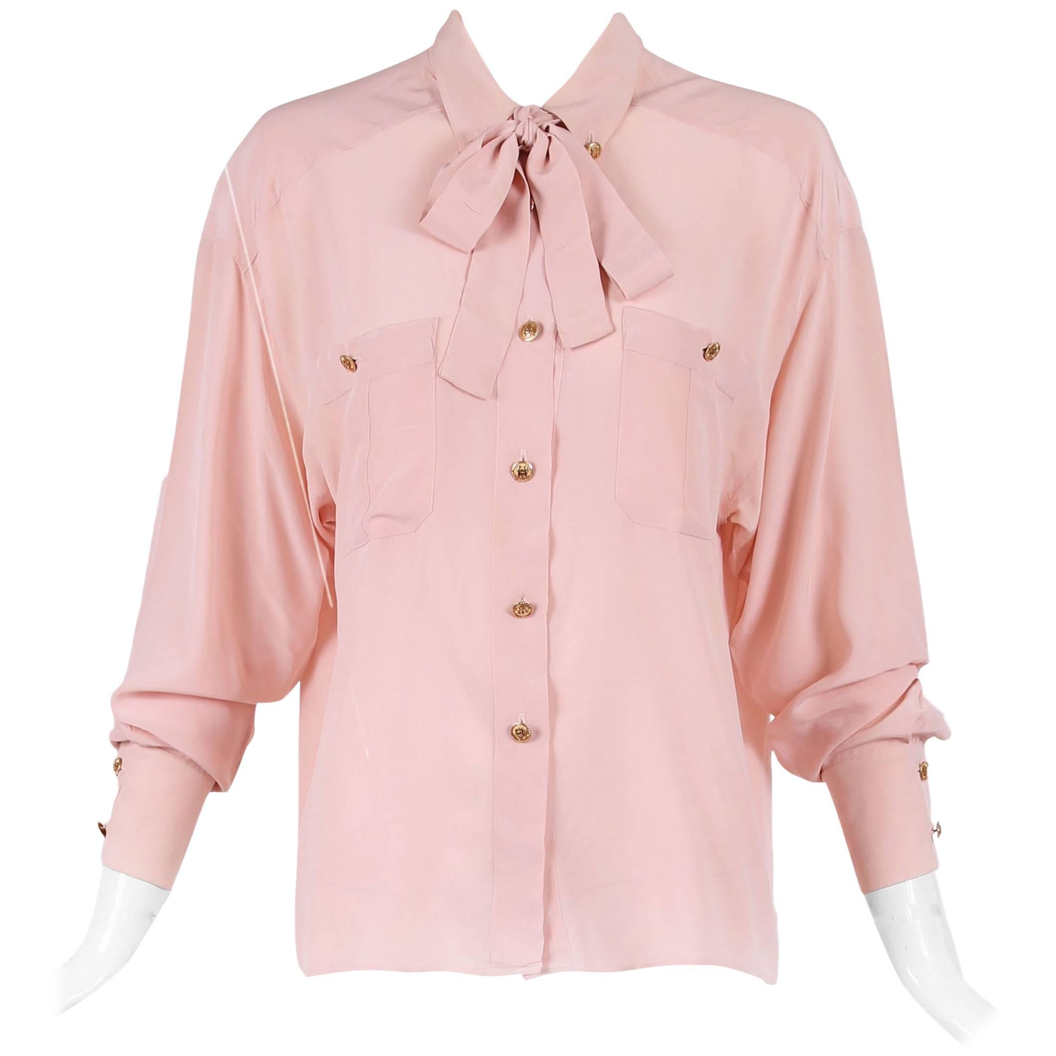 Vintage Chanel Pale Pink Silk Blouse W/Gold-toned CC Logo Buttons