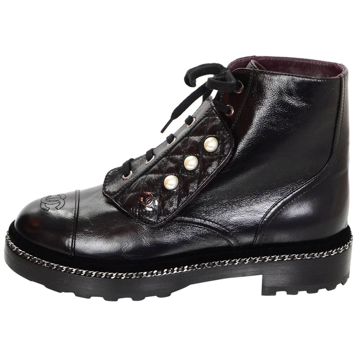 CHANEL Black Leather Combat Boots with Trim and Faux Pearl CC Details   BougieHabit