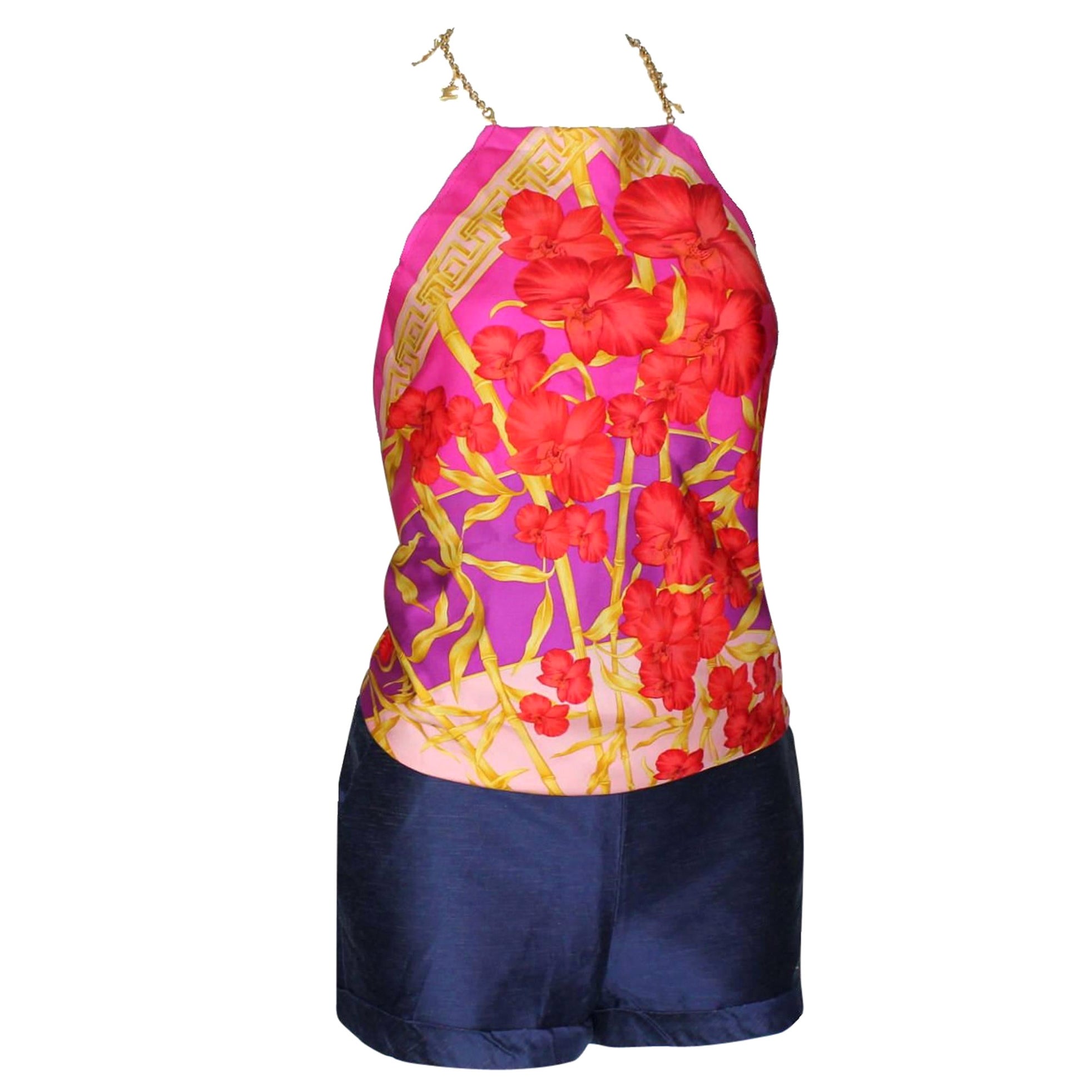 Gianni Versace Couture SS 2000 Jungle Palm Print Silk Top Dress Shorts 3 PCS Set