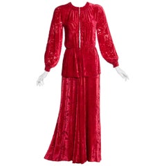 Retro 1970s Thea Porter Couture Red Silk Velvet Dress